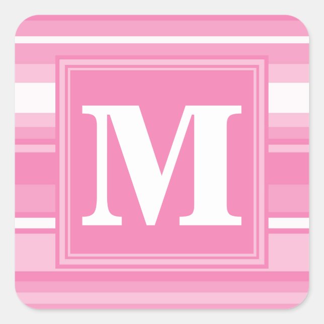 Monogram pink stripes square sticker (Front)