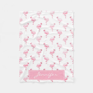Monogram Pink Tropical Flamingo Pattern on White Fleece Blanket