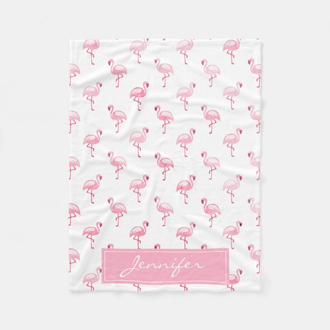 Monogram Pink Tropical Flamingo Pattern on White Fleece Blanket (Front)