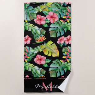 Monogram Pink Tropical Floral Hibiscus Black Beach Towel