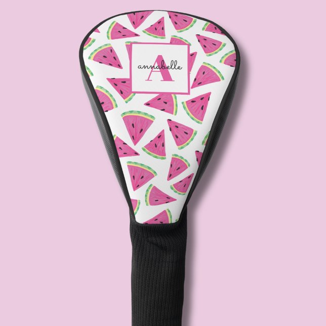 Monogram Pink Tropical Watermelon Pattern Golf Head Cover (Watermelon pattern personalized golf head cover)
