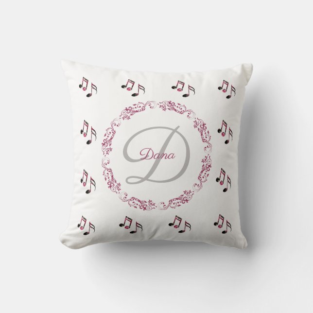 Monogram Pink Vintage Roses Music Notes Cushion (Front)