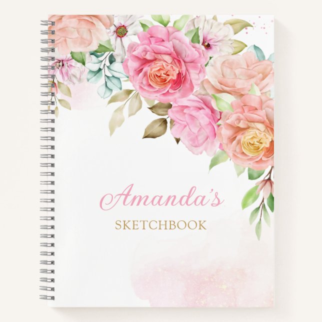 Monogram Pink Watercolor Floral Girly Personalised Notebook (Front)