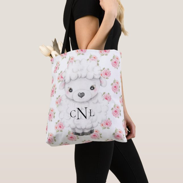 Monogram Pink Watercolor Floral Sheep  Tote Bag (Close Up)