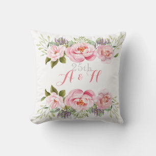Monogram Pink Wedding Anniversary Flower Wreath  Cushion
