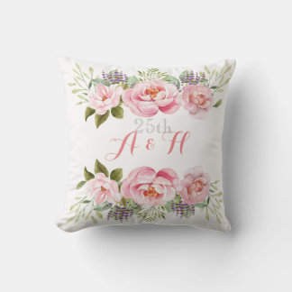 Monogram Pink Wedding Anniversary Flower Wreath Cushion