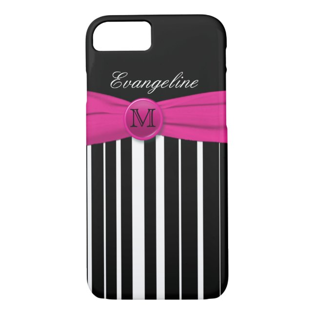Monogram Pink White Black Striped iPhone 7 Case (Back)