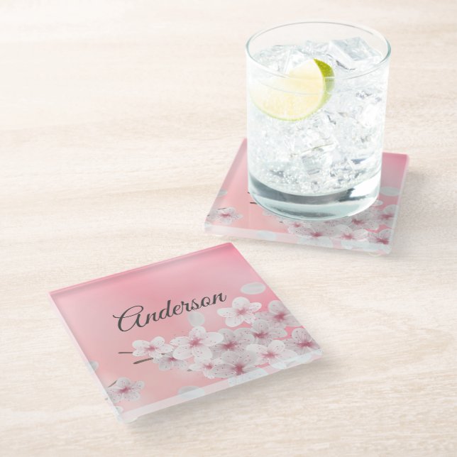 Monogram Pink White Cherry Blossom Floral Flowers  Glass Coaster (Angled)