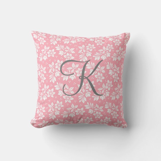 Monogram Pink White Grey Floral Botanical Cushion (Front)