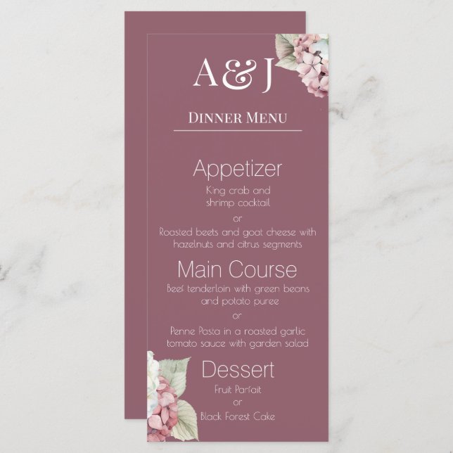 Monogram Pink & White Hydrangea Flowers on Blush Menu (Front/Back)