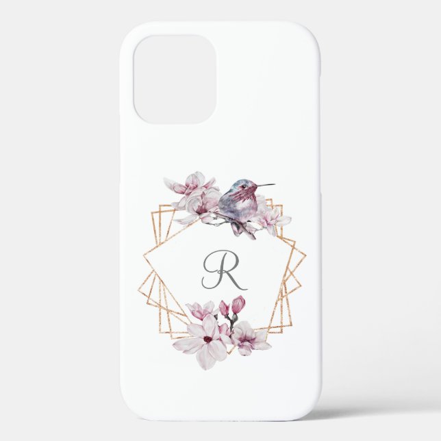 Monogram Pink White Magnolias Bird Gold Frame Case-Mate iPhone Case (Back)