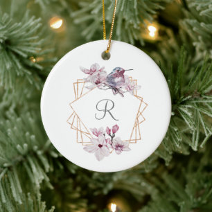 Monogram Pink White Magnolias Bird Gold Frame  Ceramic Tree Decoration