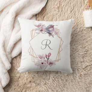 Monogram Pink White Magnolias Bird Gold Frame Cushion