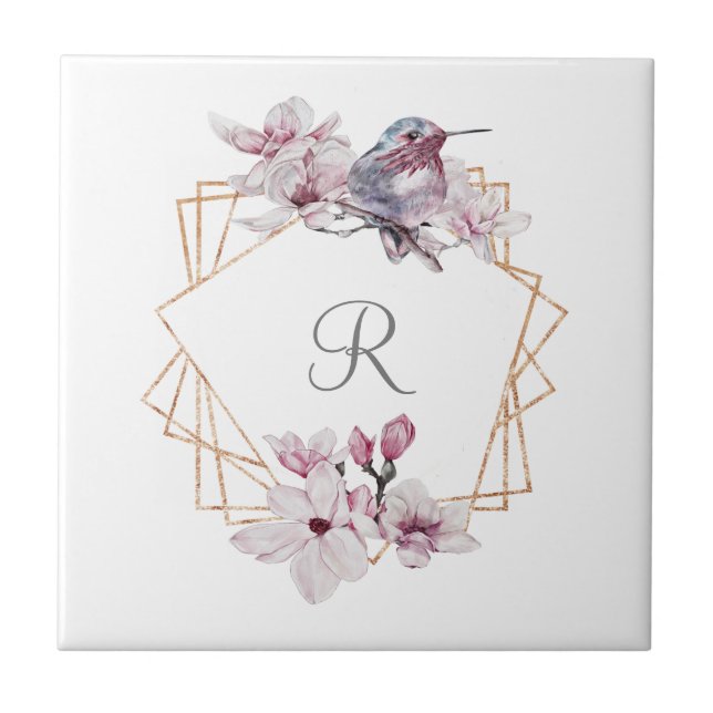 Monogram Pink White Magnolias Bird Gold Frame  Tile (Front)