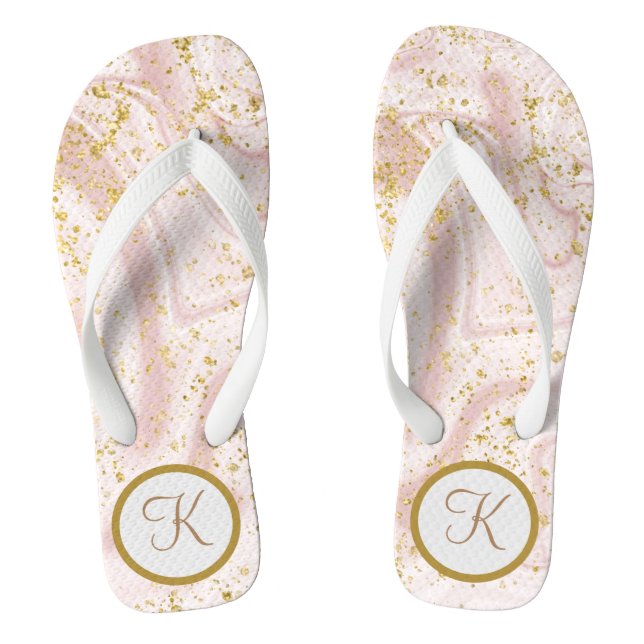  Monogram Pink White Marble Swirl Gold Glitter Jandals (Footbed)