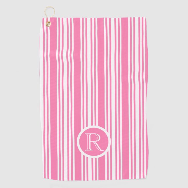 Monogram Pink white Stripes Pattern Personalised Golf Towel (Front)