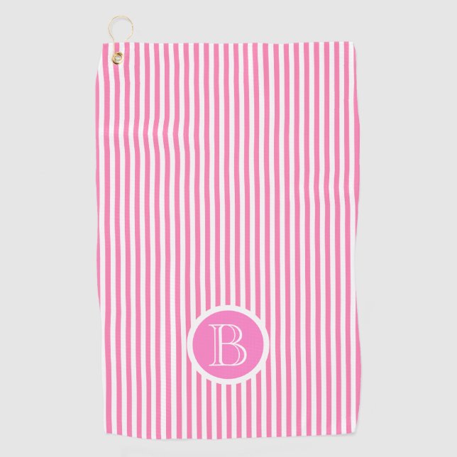Monogram Pink white Stripes Pattern Personalised Golf Towel (Front)