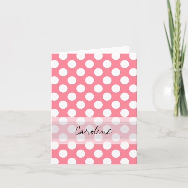 Monogram Pink White Trendy Fun Polka Dot Pattern Note Card (Front)