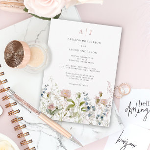 Monogram Pink Wildflower Floral Wedding Invitation