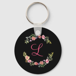 Monogram Pink, Yellow and Green Floral Watercolor  Key Ring