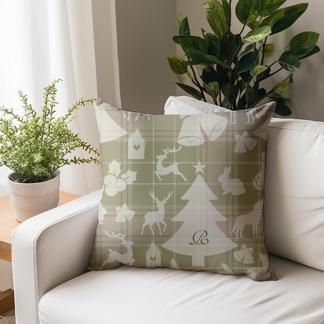 Monogram Plaid Christmas Woodland Animals Village Cushion (Creator Uploaded)