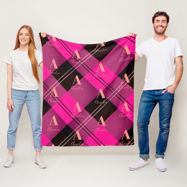 Monogram Plaid Hot Pink Fleece Blanket (In Situ)