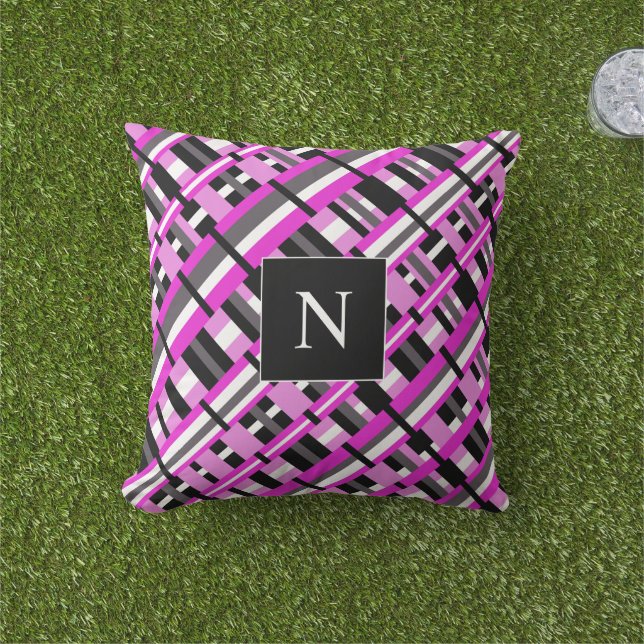Monogram Plaid in Pink, Black & Grey Diagonal Cushion (Grass)