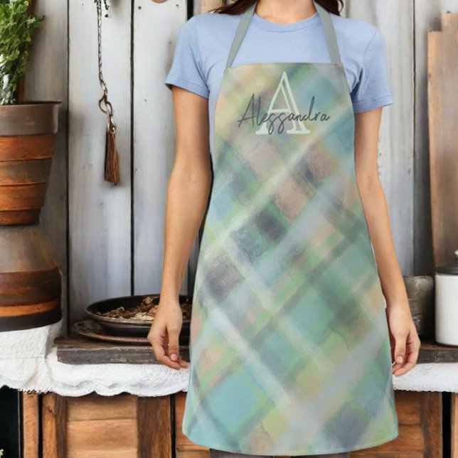 Monogram plaid pastel green grey cyan yellow  apron (Creator Uploaded)