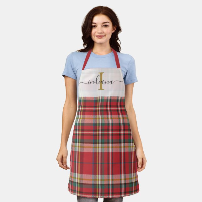 Monogram Plaid Red Green Script Rustic Apron (Worn)