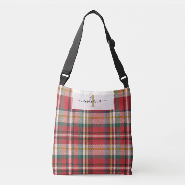 Monogram Plaid Red Green Script Rustic Crossbody Bag (Front)