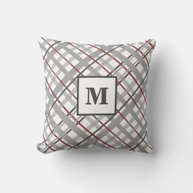 Monogram Plaid Red Grey Silver Cushion (Front)