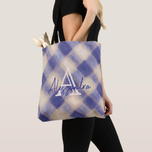 Monogram plaid tartan navy blue cream calligraphy tote bag