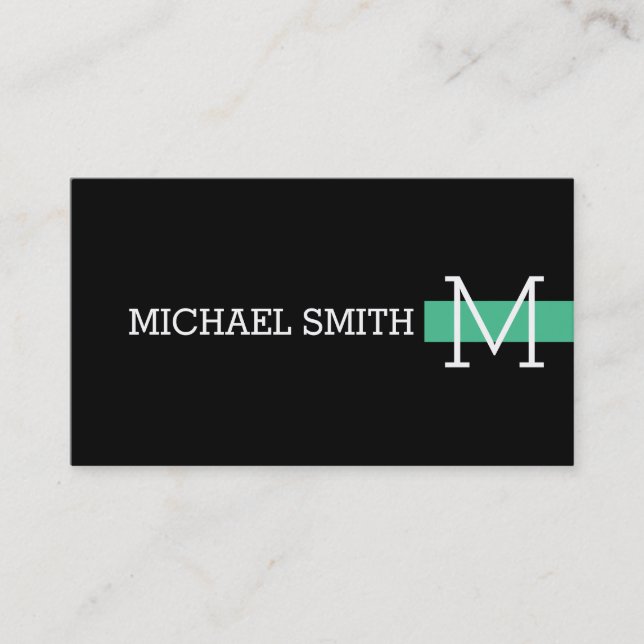 Monogram Plain Black Modern Ocean Green Business Card (Front)
