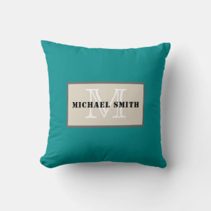 Monogram Plain Dark Cyan Background Cushion