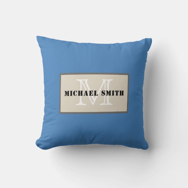 Monogram Plain Dark Cyan-blue Azure Background Cushion (Front)