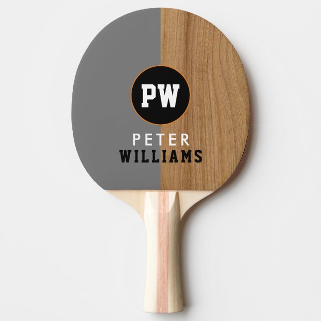 Monogram player's name & initials half-faux-wood  ping pong paddle (Front)