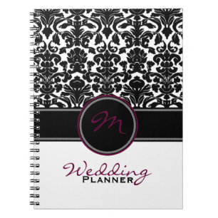 Monogram Plum Black White Damask Wedding Planner Spiral Notebook