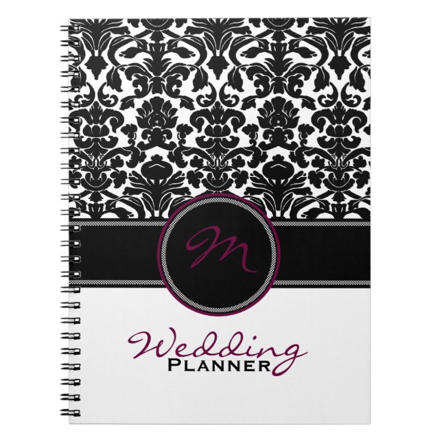 Monogram Plum Black White Damask Wedding Planner Spiral Notebook (Front)