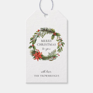 Monogram Poinsettia Botanical Christmas Wreath Gift Tags