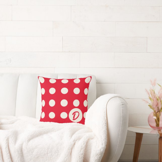  Monogram Polka Dots in Soft White on Bright Red Cushion (Couch)