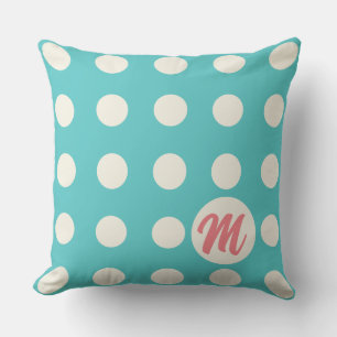  Monogram Polka Dots in Soft White on Turquoise Cushion
