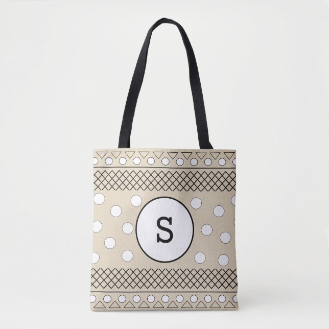 Monogram Polka Dots Pattern Beige Tote Bag (Front)