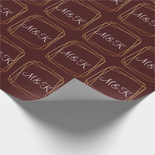 Monogram Polygonal Burgundy Gold Geometry Wedding Wrapping Paper (Corner)