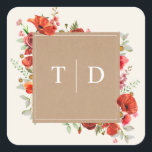 Monogram Poppy Wildflower Cardstock Wedding  Squar Square Sticker<br><div class="desc">Wildflower poppy design over off white background.  Flowers are arranged around cardstock inspired square with white text.</div>