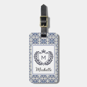 Monogram Portuguese Tiles Azulejos Navy and White Luggage Tag