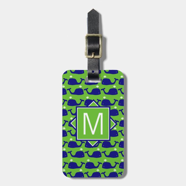 Monogram | Preppy Blue & Green Whales Luggage Tag (Front Vertical)