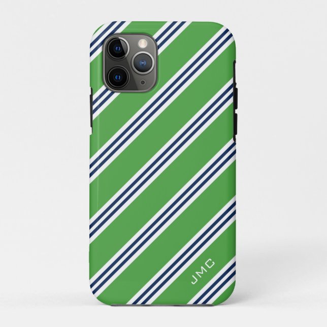 Monogram Preppy Green and Blue Stripes Case-Mate iPhone Case (Back)