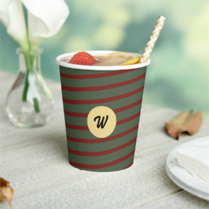 Monogram Preppy Green & Burgundy Striped Paper Cups