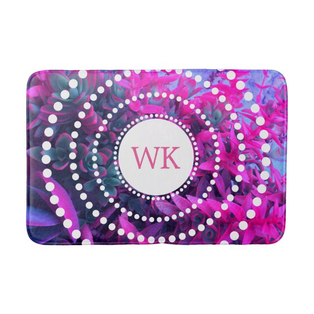 Monogram Pretty Pink and Purple Succulent Art Bath Mat (Front)