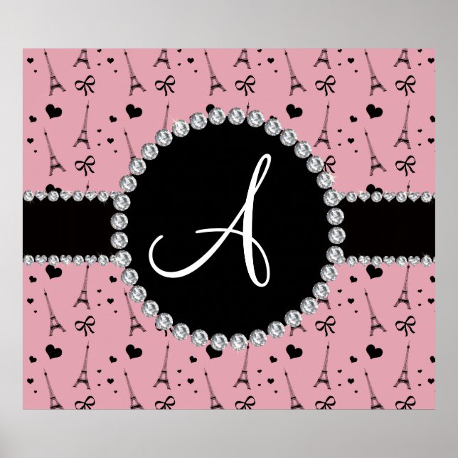 Monogram pretty pink eiffel tower pattern poster (Front)